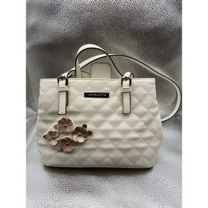 Liz Claiborne Ivory Quilted Flower Accent Satchel Bag Magnetic Zip Closure